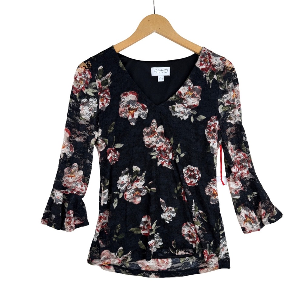 New Elle Floral Print‎ Lace Long Sleeve Blouse size Small Black/Pink
